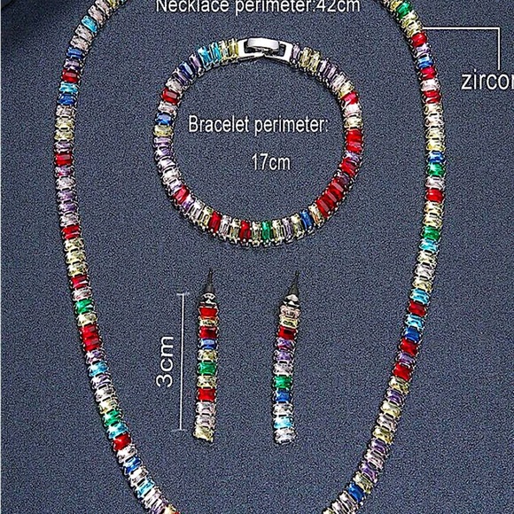 Gold Baguette Multicolor Rhinestone Choker Earrings Bracelet Matching Set 18k - Picture 5 of 13